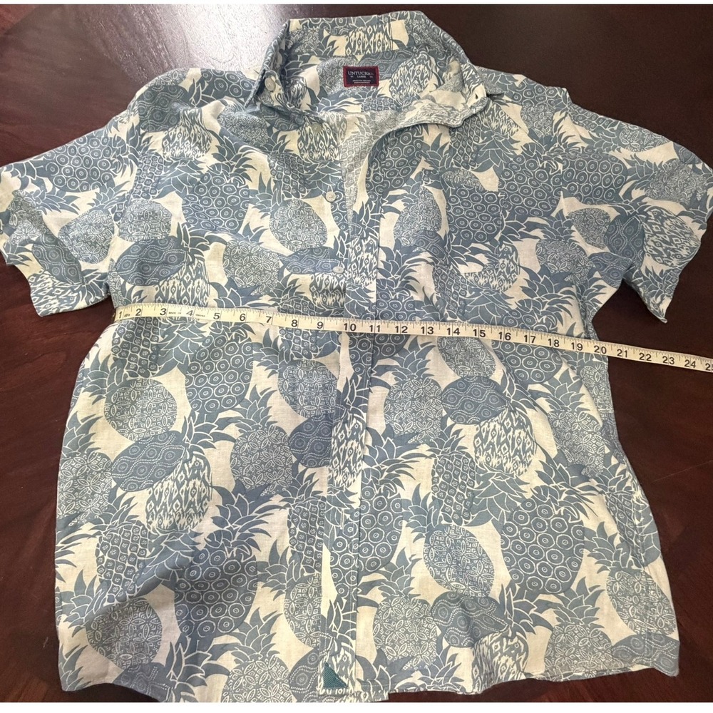 UNTUCKit Mens Large Blue Pineapple Print Cotton Linen Short Sleeve Button Down